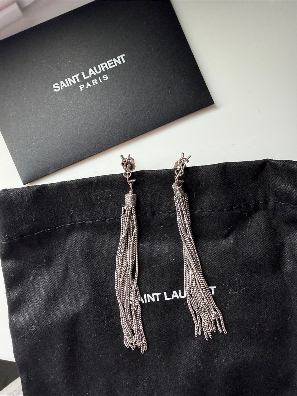 Saint Laurent Silver-Tone Chain Tassel Drop Earrings